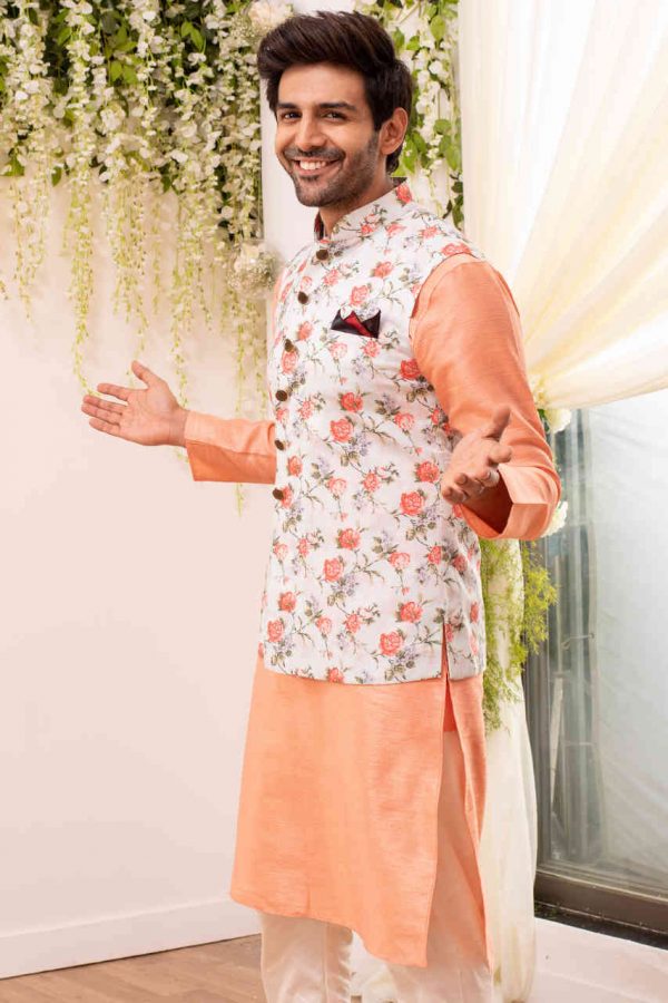 Orange Kurta Churidar Set With Floral Printed Nehru Jacket 570MW09