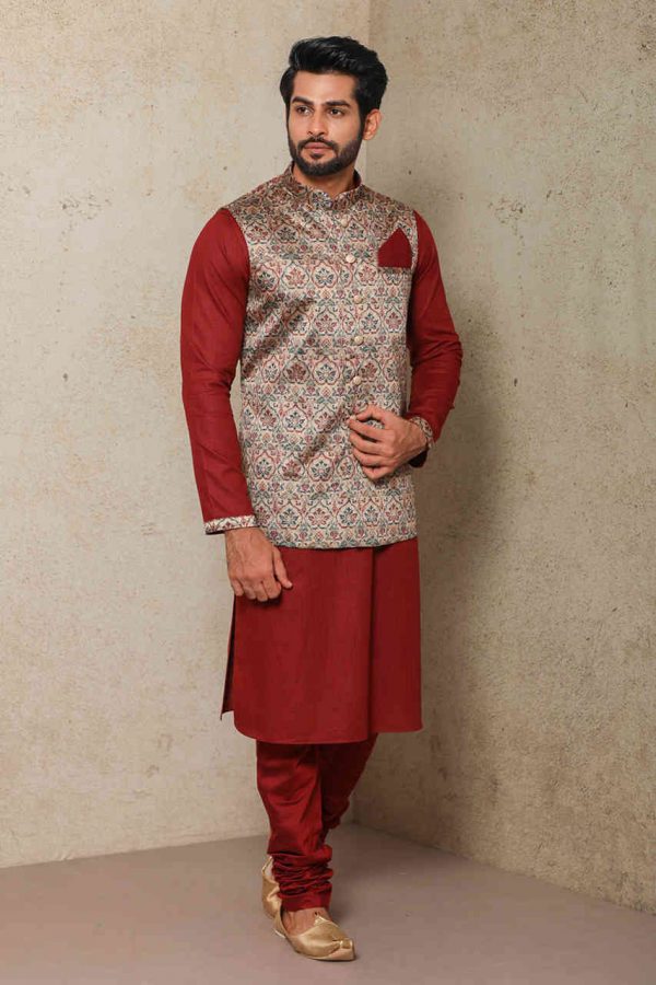 Wedding Party Men's Kurta Pajama in Deep Red With Nehru Jacket MKPA03523