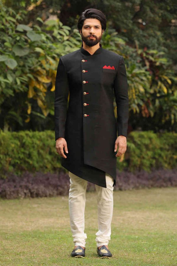 Black textured indo-western set with contrast detailing