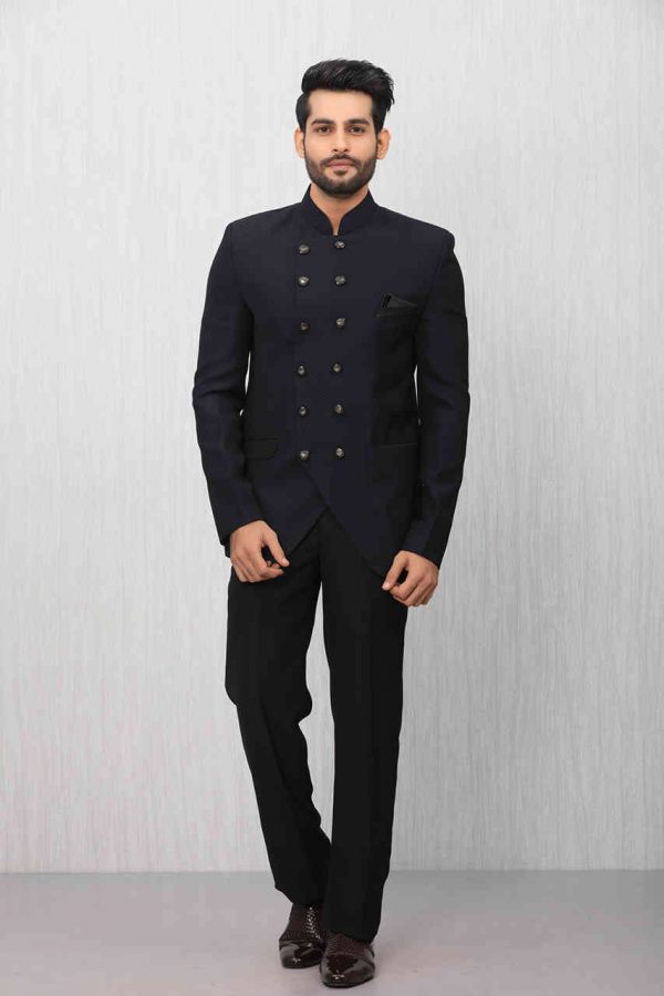 Textured side-buttoned blue suit set