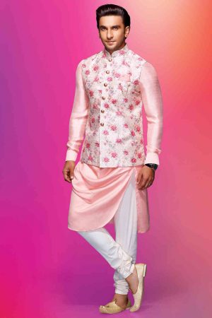 An urbane pink draped kurta jacket set